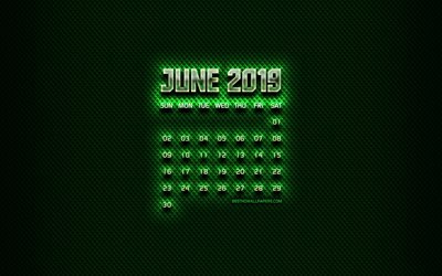 June 2019 Calendar, green glass digits, 2019 June calendar, green background, creative, June 2019 calendar with moon, Calendar June 2019, June 2019, 2019 calendars