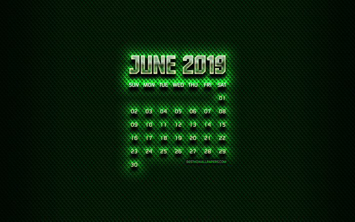 Juin 2019 Calendrier, en verre vert chiffres, juin 2019 calendrier, fond vert, cr&#233;atif, juin 2019 avec calendrier lune, Calendrier juin 2019, juin 2019, 2019 calendriers