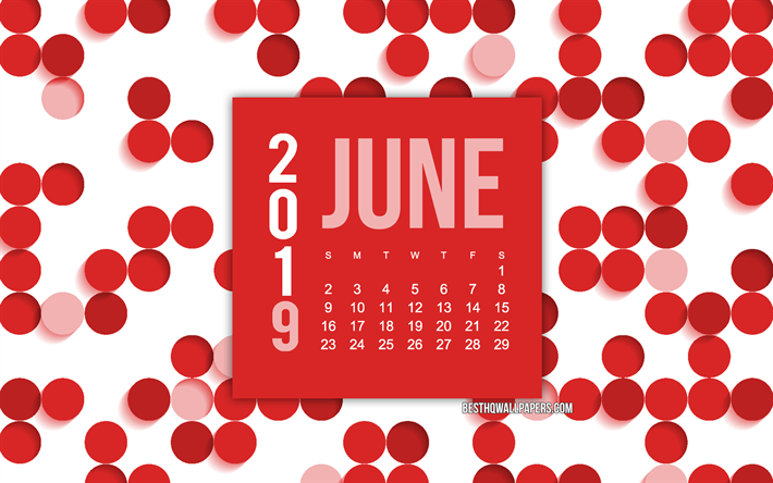 2019 giugno calendario, rosso, astratto sfondo, il calendario per il mese di giugno 2019, puntini rossi sfondo, 2019 calendari, giugno, creativo, sfondo rosso