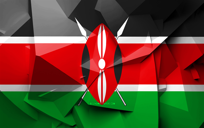 4k, flagge von kenia, geometrische kunst, afrikanische l&#228;nder, kenia flagge, kreativ, kenia, afrika, 3d flag, nationale symbole