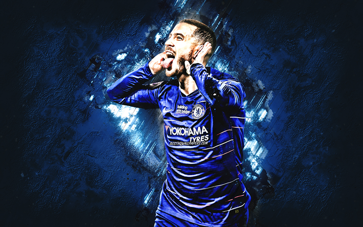 Eden Hazard, Chelsea FC, Belgian footballer, attacking midfielder, portrait, blue stone background, football