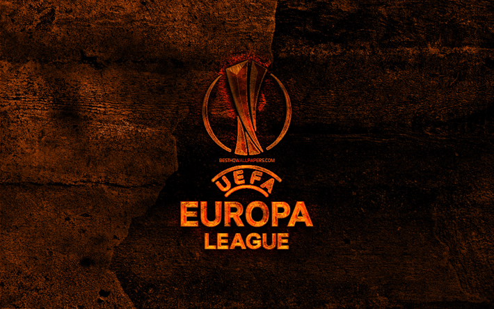 uefa-europa-league-fiery-logo, fu&#223;ball-ligen, der orange stein hintergrund, uefa europa league, kreativ, uefa europa league logo, marken, europa league logo