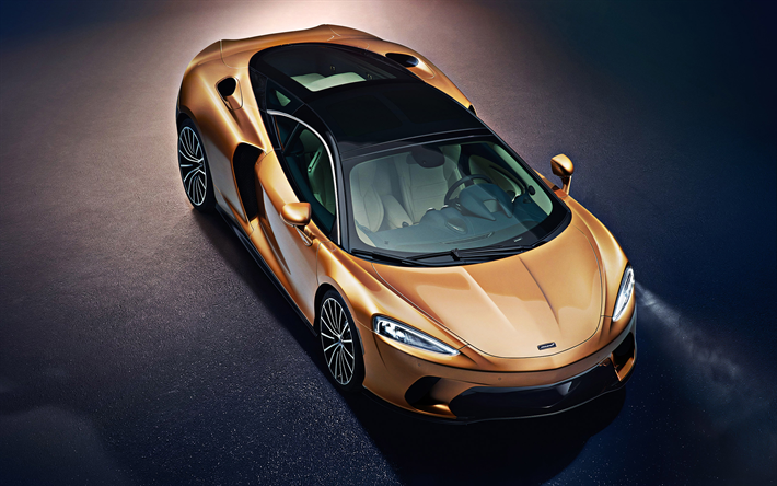 2020, A McLaren GT, 4k, frente, vista de cima, bronze supercarro, Brit&#226;nica de carros de luxo, exterior, cup&#234; esportivo, McLaren