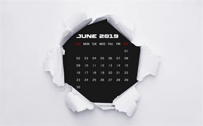 Juni 2019 Kalender, 4k, slitet papper, 2019 juni kalender, papar bakgrund, kreativa, Juni 2019 kalender med s&#246;nderrivna papper, Kalendern Juni 2019, Juni 2019, 2019 kalendrar