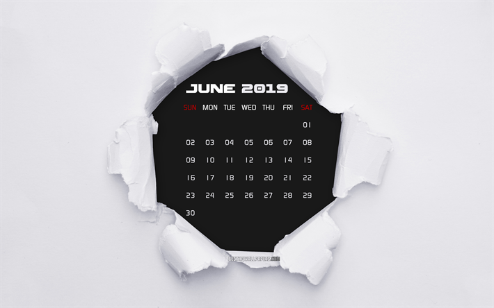 De junio de 2019 Calendario, 4k, papel rasgado, de junio de 2019 calendario, papar fondo, creativo, de junio de 2019 calendario con papel rasgado, el Calendario de junio de 2019, junio de 2019 2019 calendarios