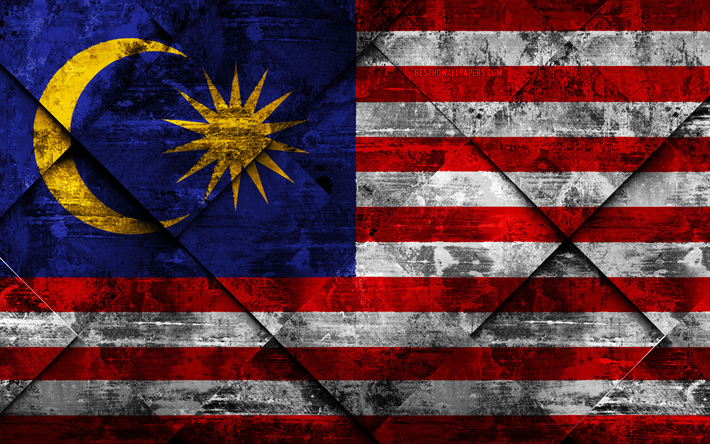Malezya bayrağı, 4k, grunge sanat, rhombus grunge doku, Asya, ulusal semboller, Malezya, yaratıcı sanat
