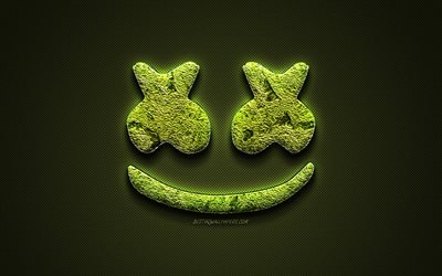 Marshmello logo, verde logo creative, American DJ, arte floreale logo, Marshmello emblema, Christopher Comstock, verde fibra di carbonio trama, Marshmello, arte creativa