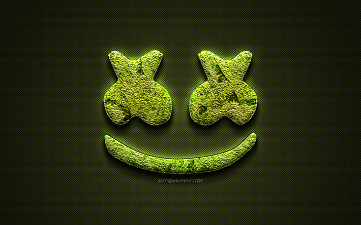 Marshmello logo, green creative logo, American DJ, floral art logo, Marshmello emblem, Christopher Comstock, green carbon fiber texture, Marshmello, creative art