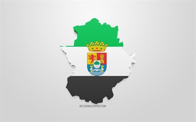 3d flag of Extremadura, map silhouette of Extremadura, autonomous community, 3d art, Extremadura 3d flag, Spain, Europe, Extremadura, geography, Extremadura 3d silhouette