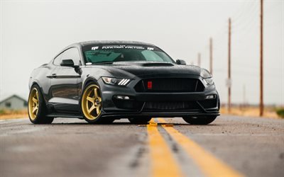 Ford Mustang, black sports coupe, exterior, front view, tuning Mustang, bronze wheels, Ford