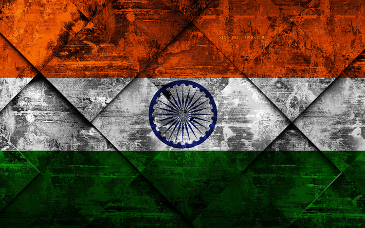 Hindistan bayrağı, 4k, grunge sanat, rhombus grunge doku, Hint bayrak, Asya, ulusal semboller, Hindistan, yaratıcı sanat