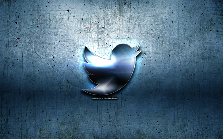 Twitter金属のロゴ, 青色の金属の背景, 作品, Twitter, ブランド, Twitter3Dロゴ, 創造, Twitterロゴ