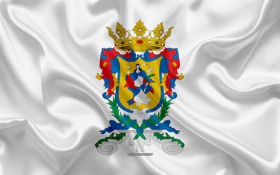 Flag of Guanajuato, 4k, silk flag, Mexican state, Guanajuato flag, coat of arms, silk texture, Guanajuato, Mexico