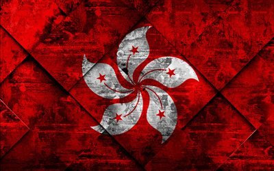 Flag of Hong Kong, 4k, grunge art, rhombus grunge texture, Hong Kong flag, Asia, national symbols, Hong Kong, creative art