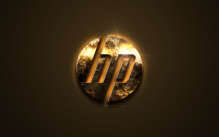 HP gold logo, Hewlett-Packard, yaratıcı sanat, altın doku, kahverengi karbon fiber doku, HP altın amblemi, HP
