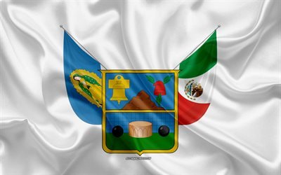 Flag of Hidalgo, 4k, silk flag, Mexican state, Hidalgo flag, coat of arms, silk texture, Hidalgo, Mexico