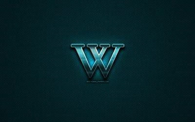 Wikipedia glitter logo, creative, blue metal background, Wikipedia logo, brands, Wikipedia