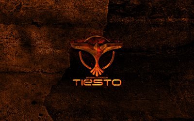 Tiesto fiery logo, music stars, orange stone background, DJ Tiesto, creative, Tiesto logo, brands, Tiesto
