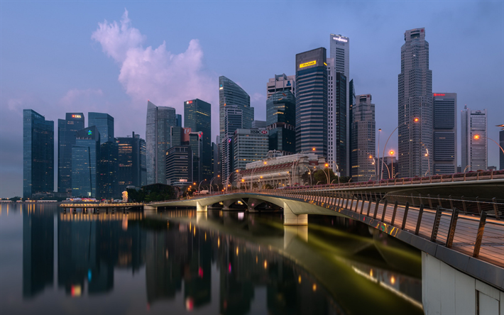 Dhoby Ghaut, Mellersta Regionen, Singapore, kv&#228;ll, sunset, skyskrapor, moderna byggnader