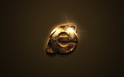 IE gold logo, Internet Explorer, creative art, gold texture, brown carbon fiber texture, IE gold emblem, IE, Internet Explorer gold logo