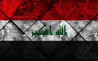 Bandera de Irak, 4k, grunge arte, rombo grunge textura, Irak bandera, Asia, los s&#237;mbolos nacionales, de Irak, de creadores de arte