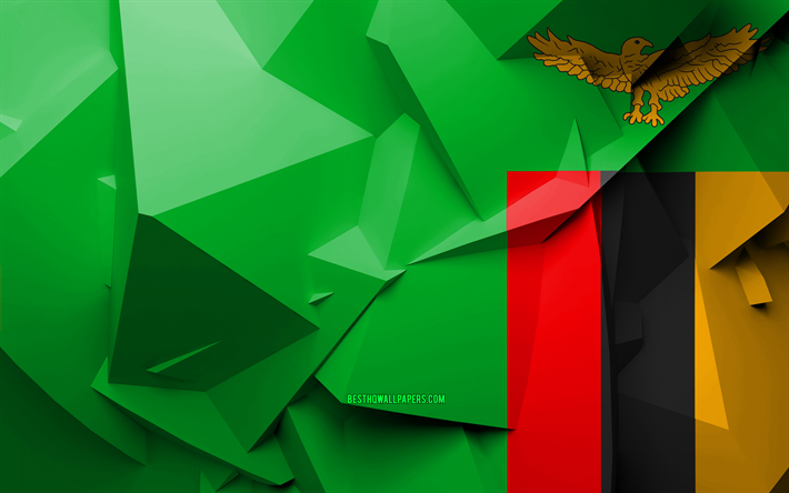 4k, Flag of Zambia, geometric art, African countries, Zambian flag, creative, Zambia, Africa, Zambia 3D flag, national symbols