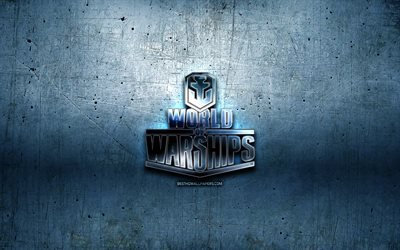 World of Warships metal logo, WoWS, blue metal background, artwork, World of Warships, brands, World of Warships 3D logo, creative, World of Warships logo