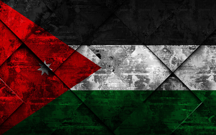 Bandiera della Giordania, 4k, grunge, arte, rombo grunge, texture, Giordania, bandiera, Asia, simboli nazionali, arte creativa