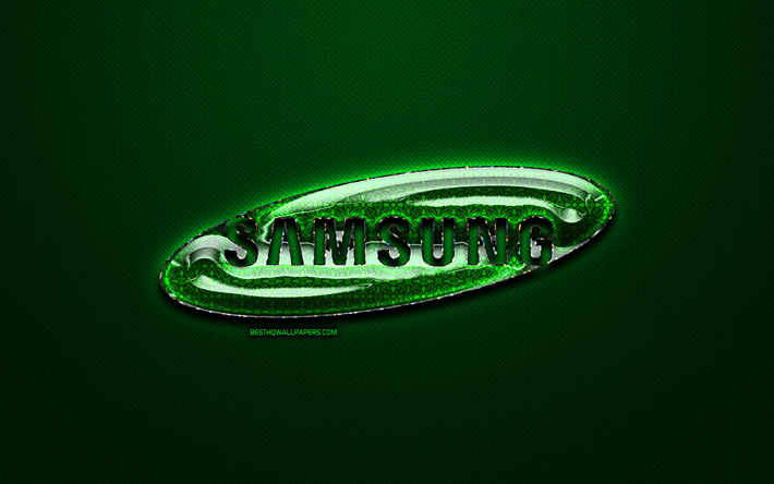 Samsung green logo, green vintage background, artwork, Samsung, brands, Samsung glass logo, creative, Samsung logo