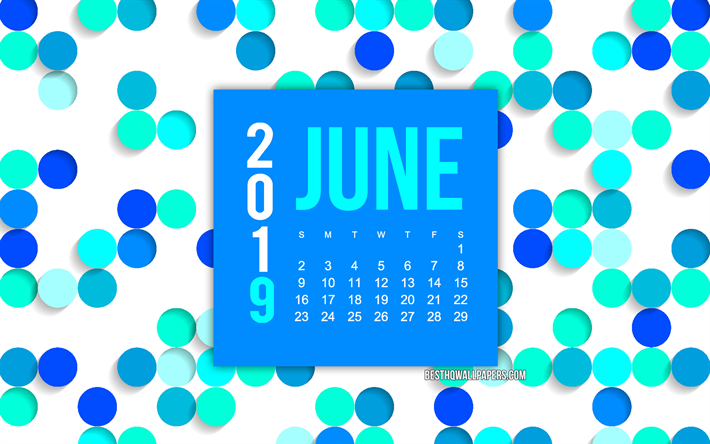Juin 2019 Calendrier, un point bleu, fond, cr&#233;atif, fond bleu, 2019 calendriers, juin 2019 Calendrier