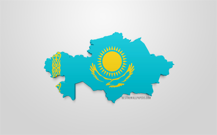 3d drapeau de la r&#233;publique du Kazakhstan, la carte de la silhouette du Kazakhstan, art 3d, Kazakhstan 3d drapeau, l&#39;Europe, le Kazakhstan, la g&#233;ographie, le Kazakhstan 3d silhouette