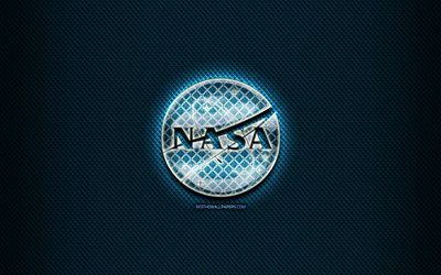 NASA glass logo, blue background, artwork, NASA, brands, NASA rhombic logo, creative, NASA logo
