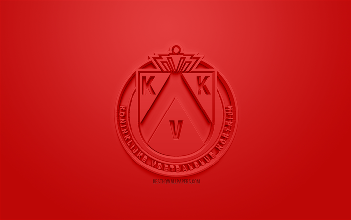 KV Kortrijk, kreativa 3D-logotyp, r&#246;d bakgrund, 3d-emblem, Belgiska fotbollsklubb, Jupiler Pro League, Kortrijk, Belgien, Belgiska F&#246;rsta Division Ett, 3d-konst, fotboll, snygg 3d-logo, Royal Football Club Kortrijk