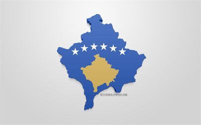 3d drapeau du Kosovo, la carte de la silhouette du Kosovo, art 3d, le Kosovo 3d drapeau, l&#39;Europe, le Kosovo, la g&#233;ographie, le Kosovo 3d silhouette