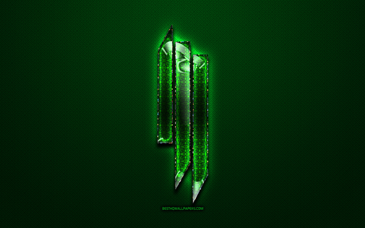 Skrillex yeşil logo, m&#252;zik yıldızları, yeşil vintage arka plan, sanat, Skrillex, markalar, Skrillex cam logo, yaratıcı, Skrillex logo
