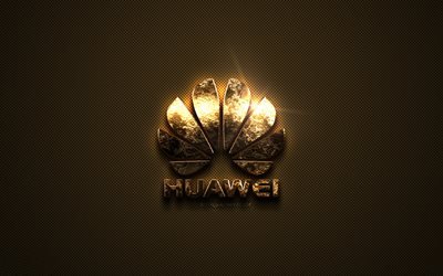 Huawei gold-logotypen, kreativ konst, guld konsistens, brun kolfiber konsistens, Huawei guld emblem, Huawei