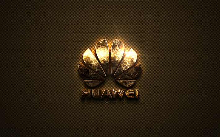 Huawei altın logo, yaratıcı sanat, altın doku, kahverengi karbon fiber doku, Huawei altın amblemi, Huawei