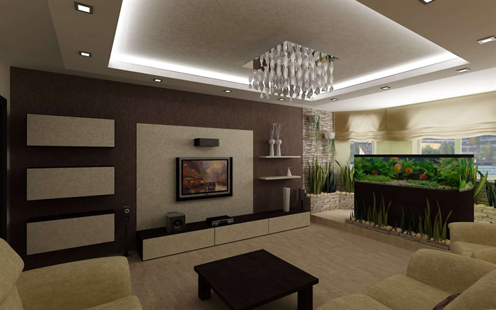 stylish interior design for living room, brown living room, large aquarium in the room, modern interior design