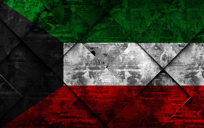 Flagga av Kuwait, 4k, grunge konst, rhombus grunge textur, Kuwait flagga, Asien, nationella symboler, Kuwait, kreativ konst