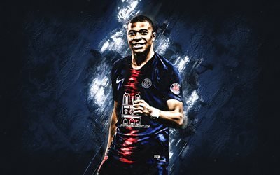 Kylian Mbappe, Paris Saint-Germain, French football player, striker, portrait, PSG, creative blue background, football
