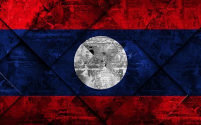 Bandeira do Laos, 4k, grunge arte, rombo textura grunge, Laos bandeira, &#193;sia, s&#237;mbolos nacionais, Laos, arte criativa