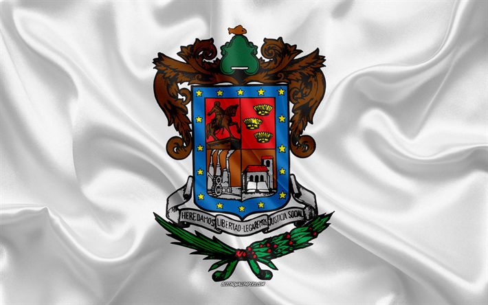 Lippu Michoacan de Ocampo, 4k, silkki lippu, Meksikon valtion, Michoacan de Ocampo lippu, vaakuna, silkki tekstuuri, Michoacan de Ocampo, Meksiko