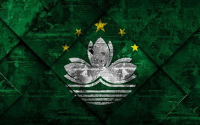 Flag of Macau, 4k, grunge art, rhombus grunge texture, Macau flag, Asia, national symbols, Macau, creative art