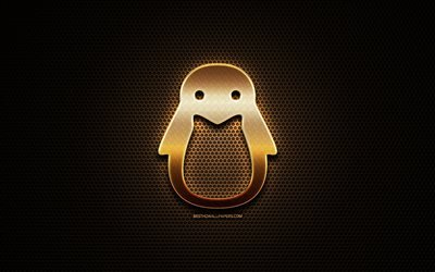 Linux glitter logo, creative, OS, metal grid background, Linux logo, brands, Linux
