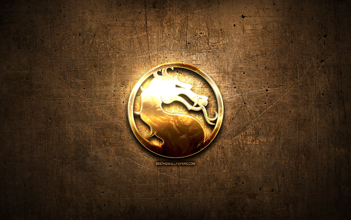 Mortal Kombat golden logo, artwork, brown metal background, creative, Mortal Kombat logo, brands, Mortal Kombat