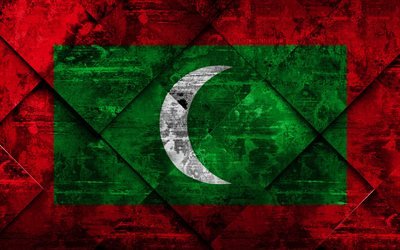 Drapeau des Maldives, 4k, grunge de l&#39;art, le losange grunge texture des Maldives, du drapeau, de l&#39;Asie, les symboles nationaux, les Maldives, l&#39;art cr&#233;atif