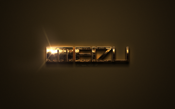 Meizu gold logo, creative art, gold texture, brown carbon fiber texture, Meizu gold emblem, Meizu