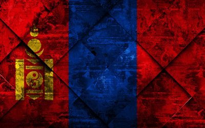 Flag of Mongolia, 4k, grunge art, rhombus grunge texture, Mongolia flag, Asia, national symbols, Mongolia, creative art