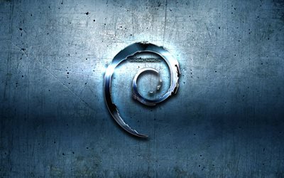 Debian金属のロゴ, 青色の金属の背景, Linux, 作品, Debian, ブランド, Debian3Dロゴ, 創造, Debianマーク