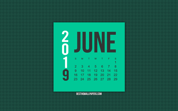 Junho 2019 Calend&#225;rio, verde de arte criativa, fundo verde escuro, 2019 calend&#225;rios, Junho